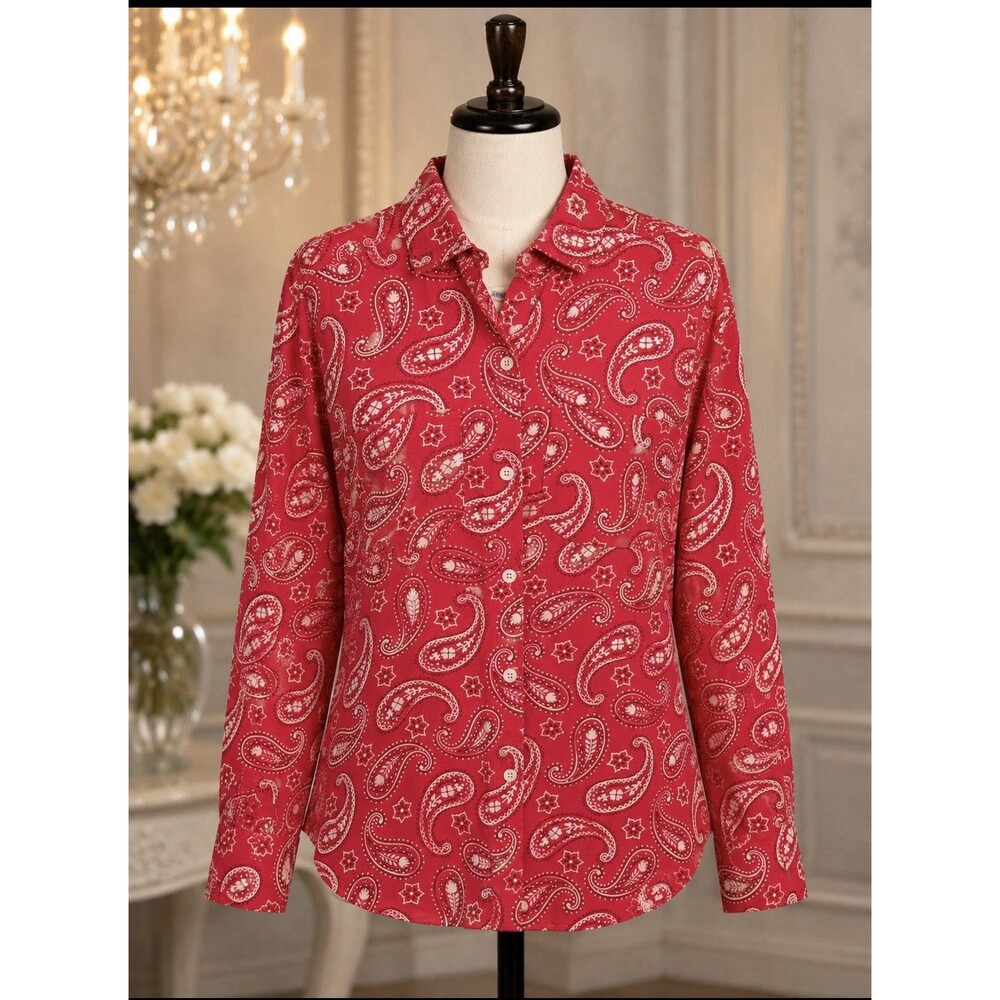 Palmetto’s Vintage Red Paisley Button Front Blouse USA Small 44” Bust 24” L